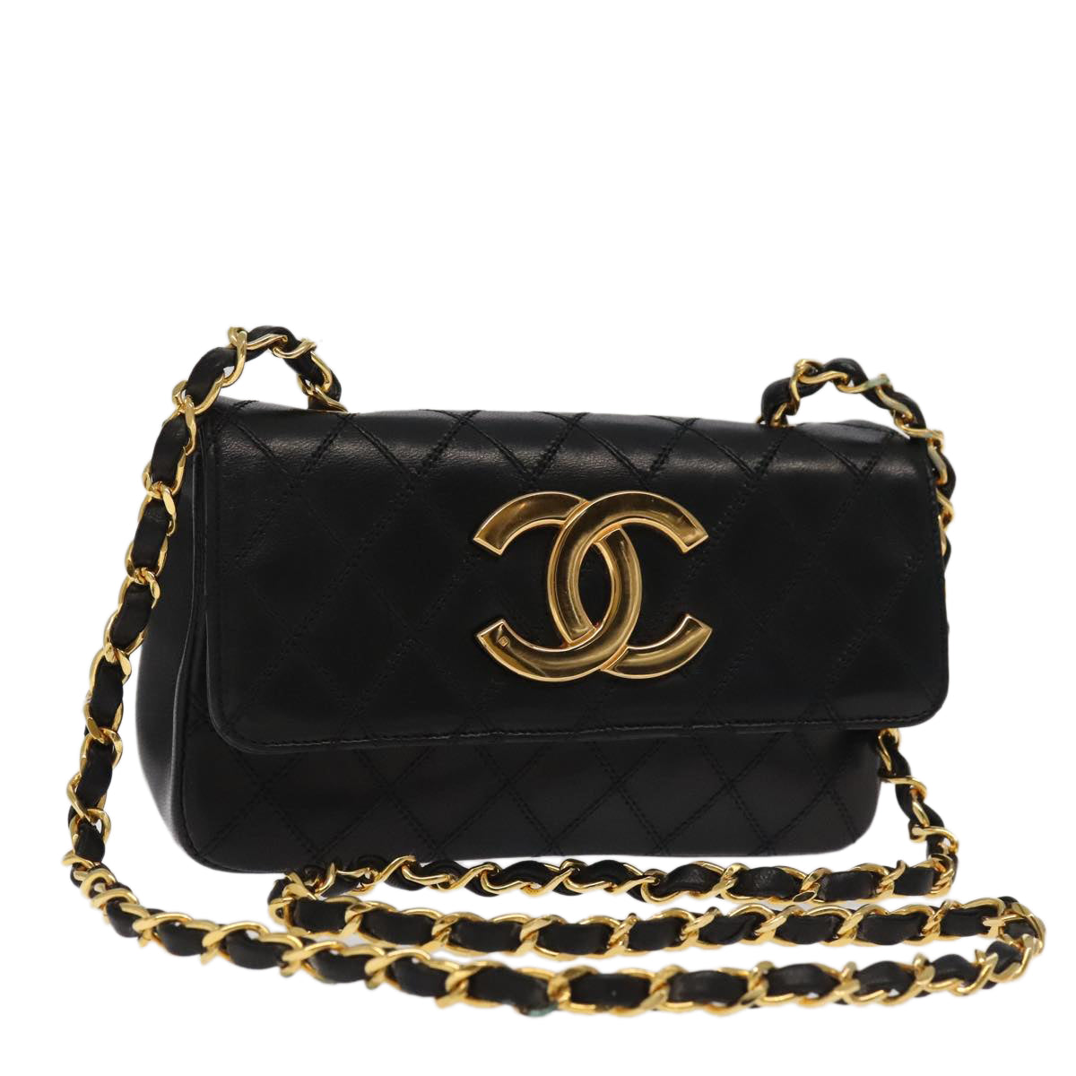 CHANEL Bicolore Chain Deca COCO Mark Bag Lamb Skin Black CC Auth yk15897