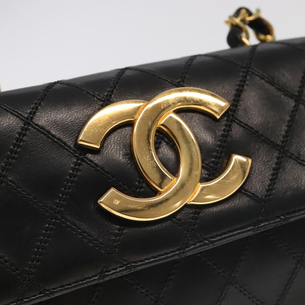 CHANEL Bicolore Chain Deca COCO Mark Bag Lamb Skin Black CC Auth yk15897