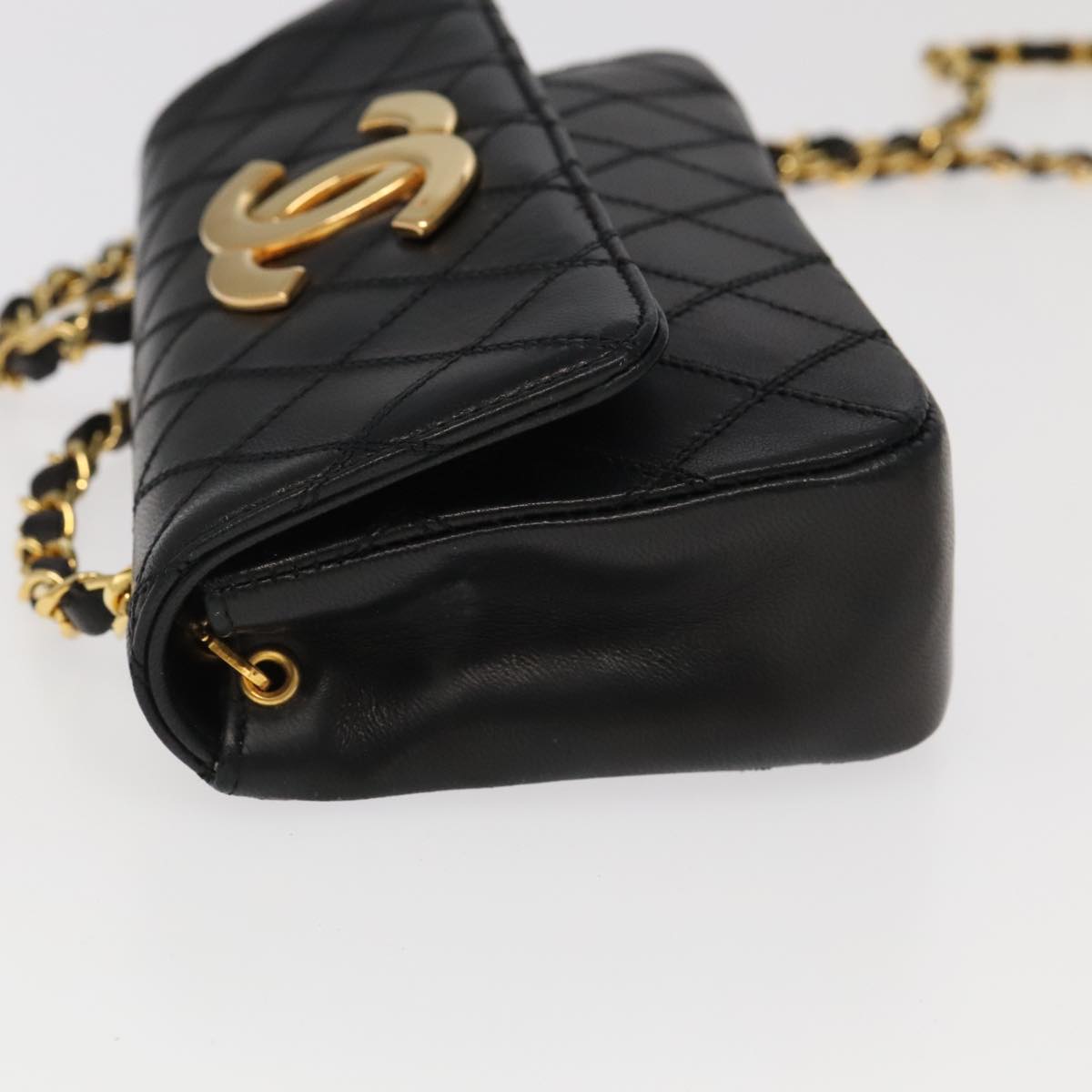 CHANEL Bicolore Chain Deca COCO Mark Bag Lamb Skin Black CC Auth yk15897