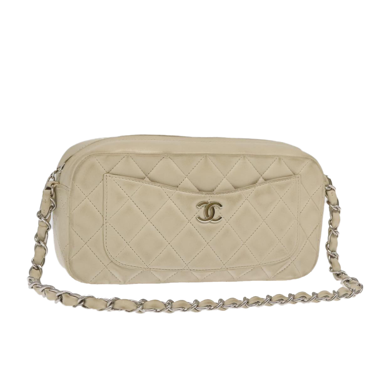 CHANEL Matelasse Chain Hand Bag Lamb Skin White Silver CC Auth yk15902