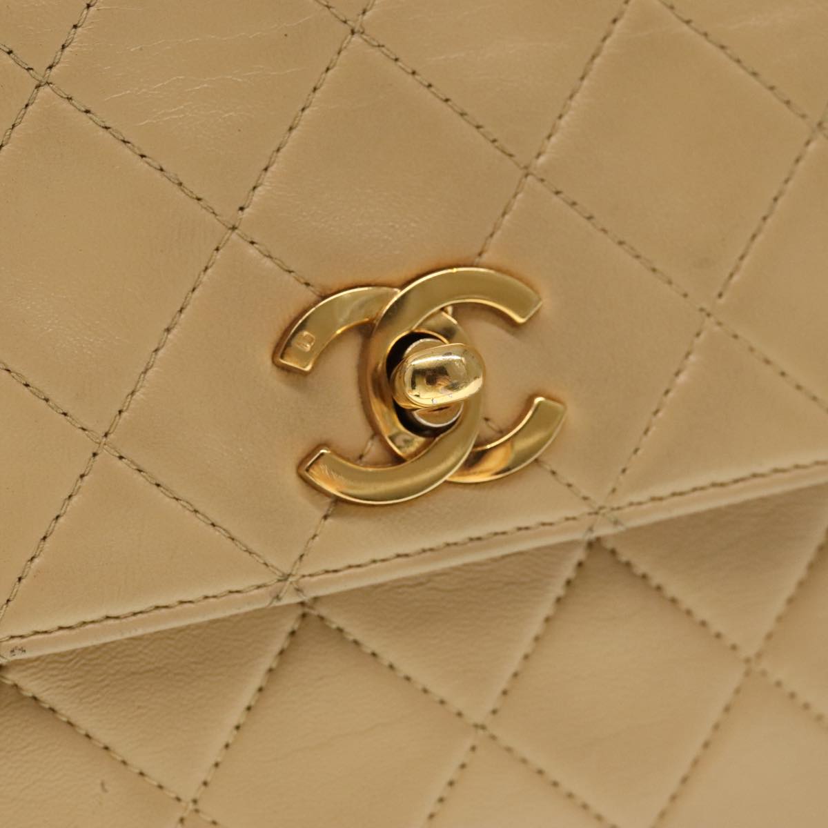 CHANEL Matelasse Chain Hand Bag Lamb Skin Beige Gold CC Auth yk15903