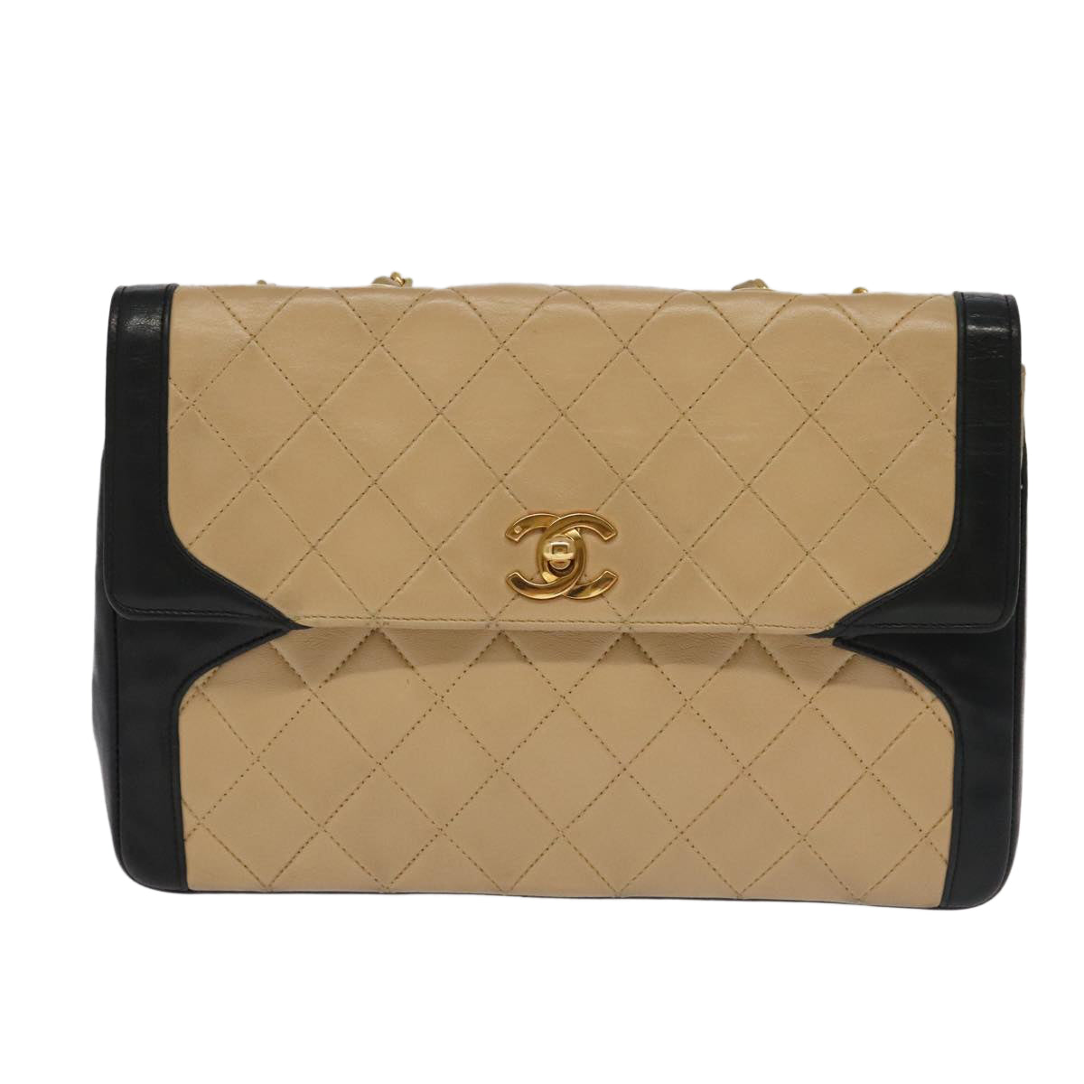 CHANEL Matelasse Chain Hand Bag Lamb Skin Beige Gold CC Auth yk15903