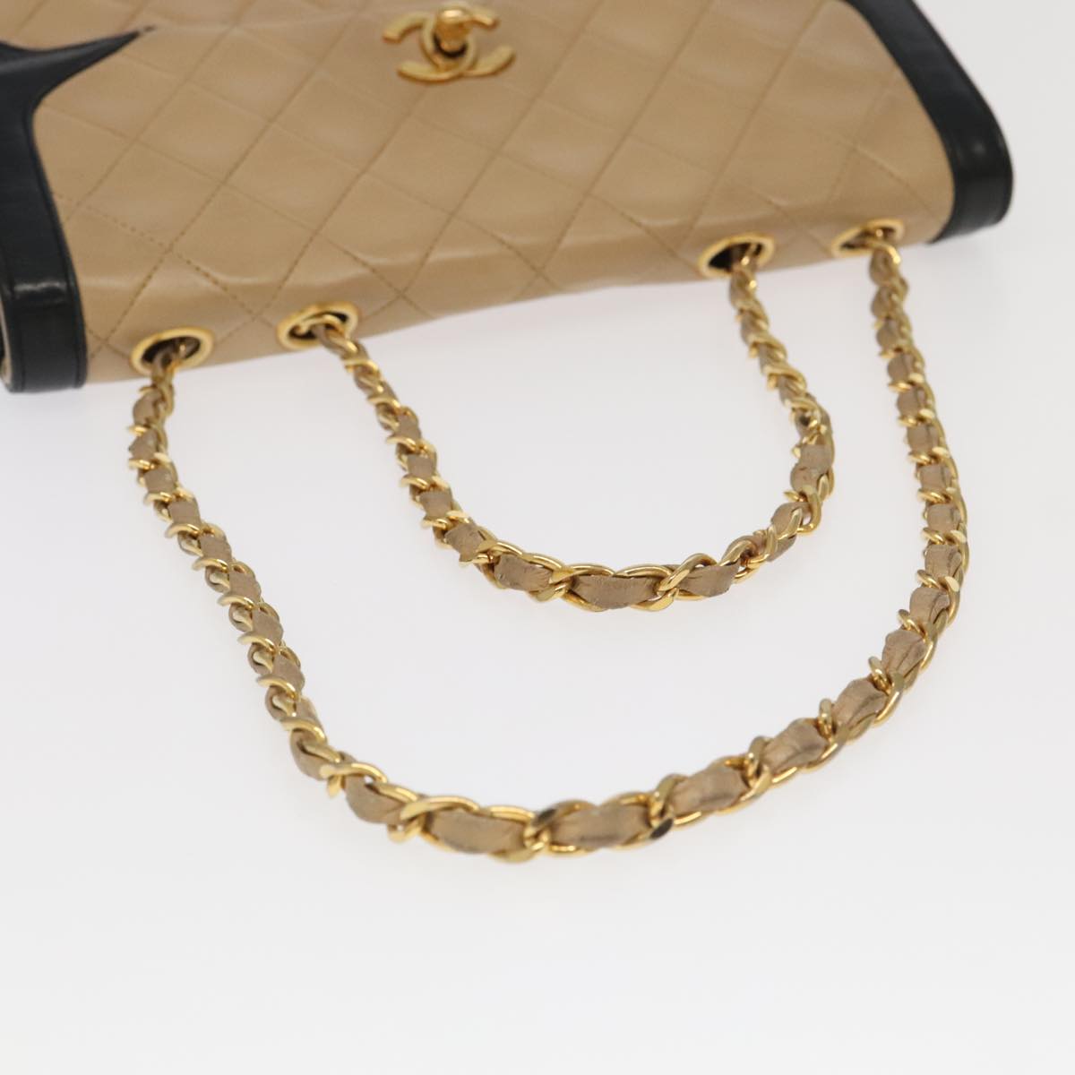 CHANEL Matelasse Chain Hand Bag Lamb Skin Beige Gold CC Auth yk15903