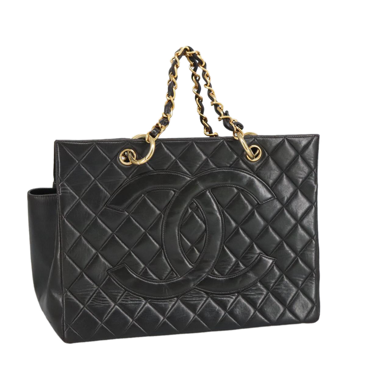 CHANEL Matelasse Chain Hand Bag Lamb Skin Black Gold CC Auth yk15908A