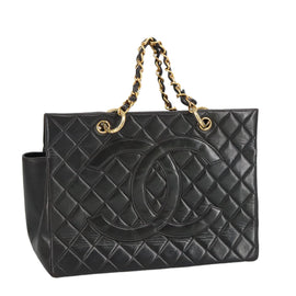 CHANEL Matelasse Chain Hand Bag Lamb Skin Black Gold CC Auth yk15908V