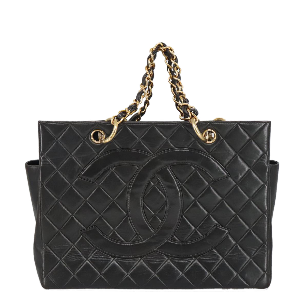 CHANEL Matelasse Chain Hand Bag Lamb Skin Black Gold CC Auth yk15908A