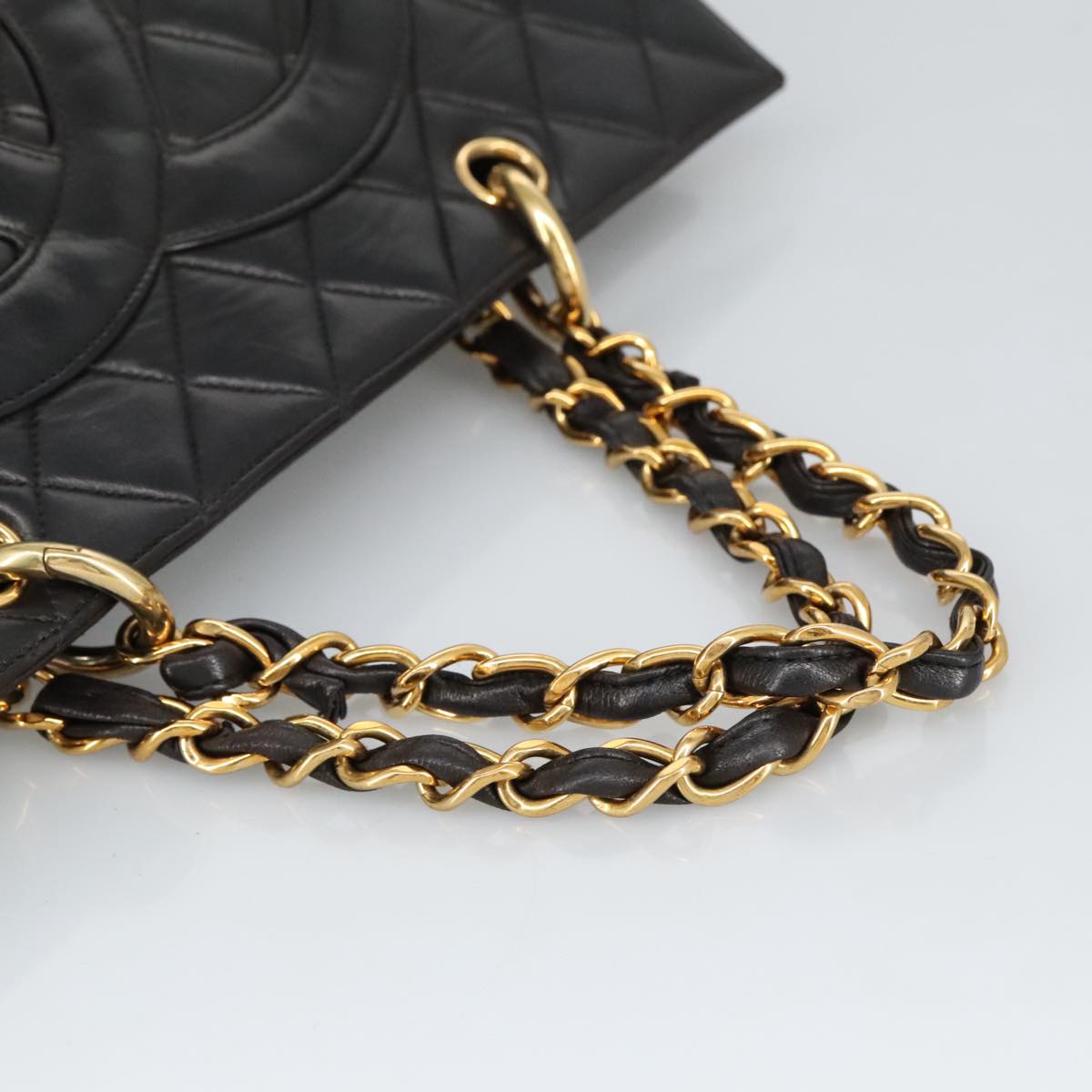 CHANEL Matelasse Chain Hand Bag Lamb Skin Black Gold CC Auth yk15908A