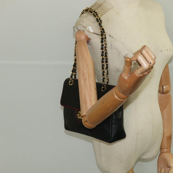 CHANEL Matelasse Turn Lock Chain Bag Lamb Skin Black Gold CC Auth yk15912V