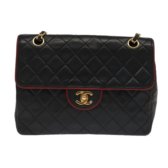 CHANEL Matelasse Turn Lock Chain Bag Lamb Skin Black Gold CC Auth yk15912V