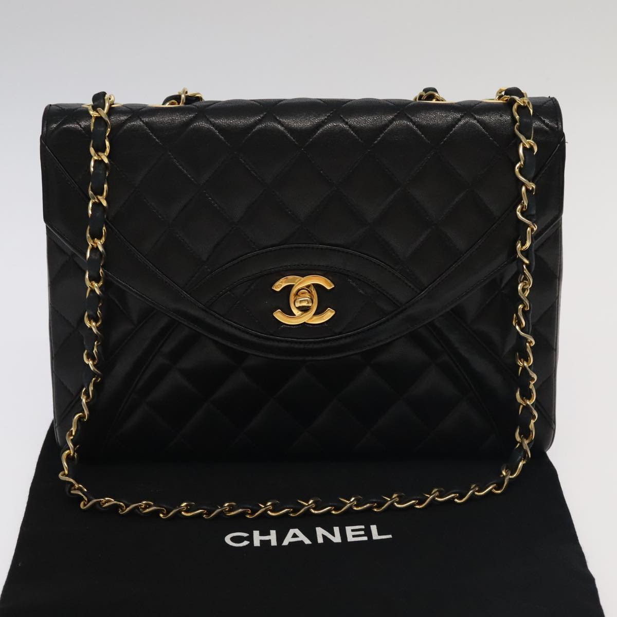 CHANEL Matelasse Chain Hand Bag Lamb Skin Black Gold CC Auth yk15914A