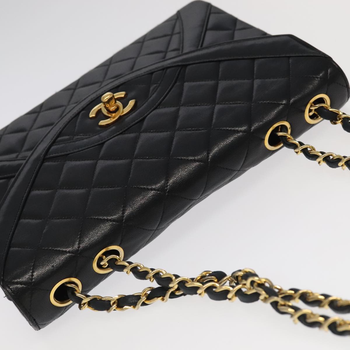 CHANEL Matelasse Chain Hand Bag Lamb Skin Black Gold CC Auth yk15914A