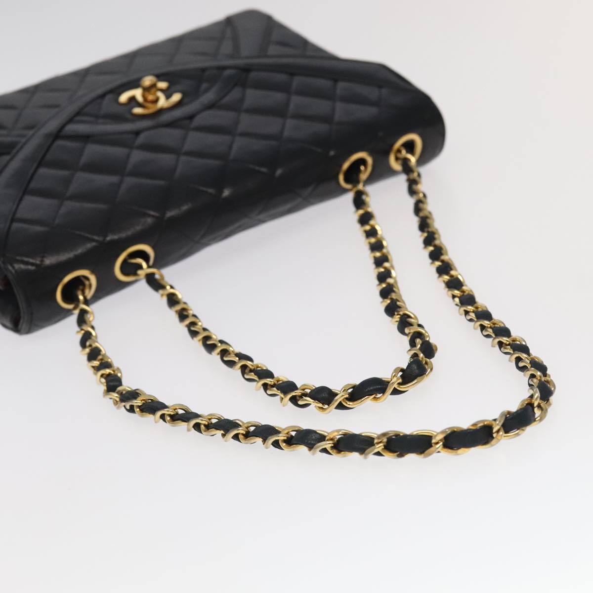 CHANEL Matelasse Chain Hand Bag Lamb Skin Black Gold CC Auth yk15914A