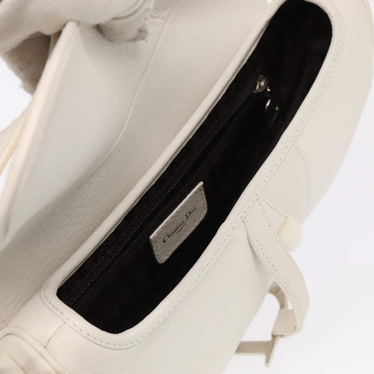 Christian Dior Saddle Shoulder Bag Leather White Silver Auth yk15919A