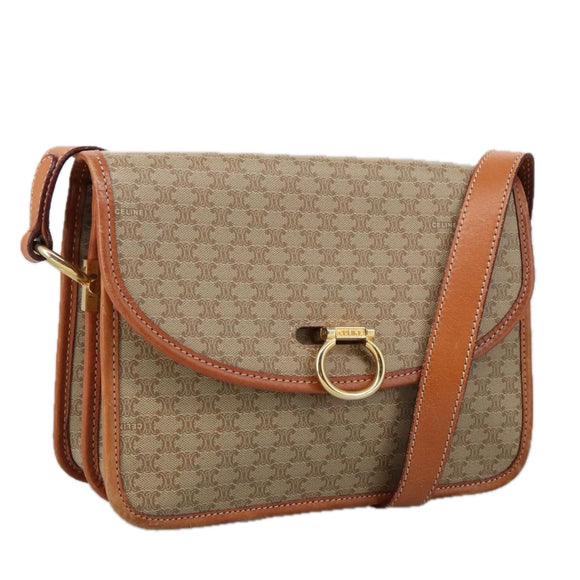 CELINE Macadam Canvas Shoulder Bag Beige Gold Auth yk15952