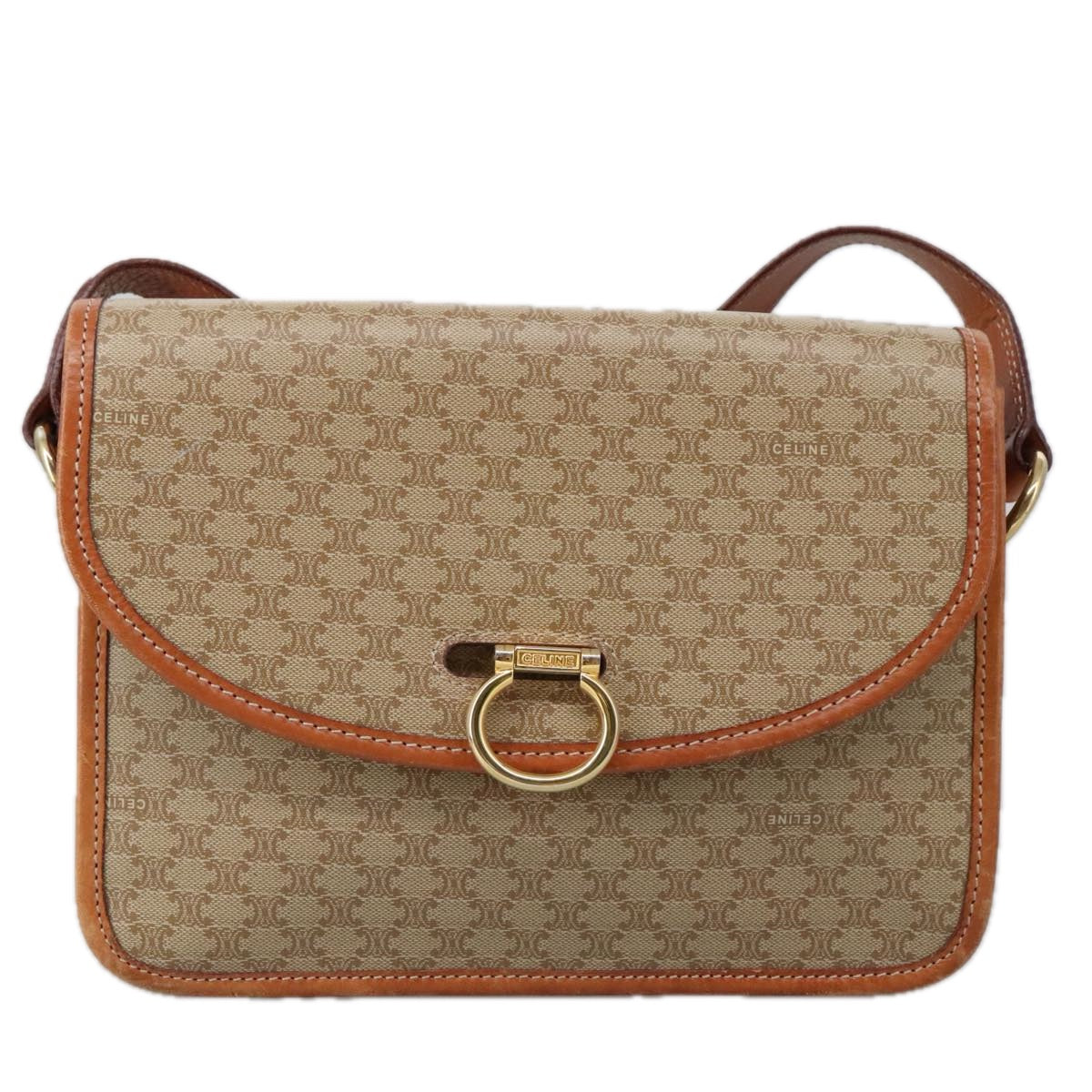 CELINE Macadam Canvas Shoulder Bag Beige Gold Auth yk15952