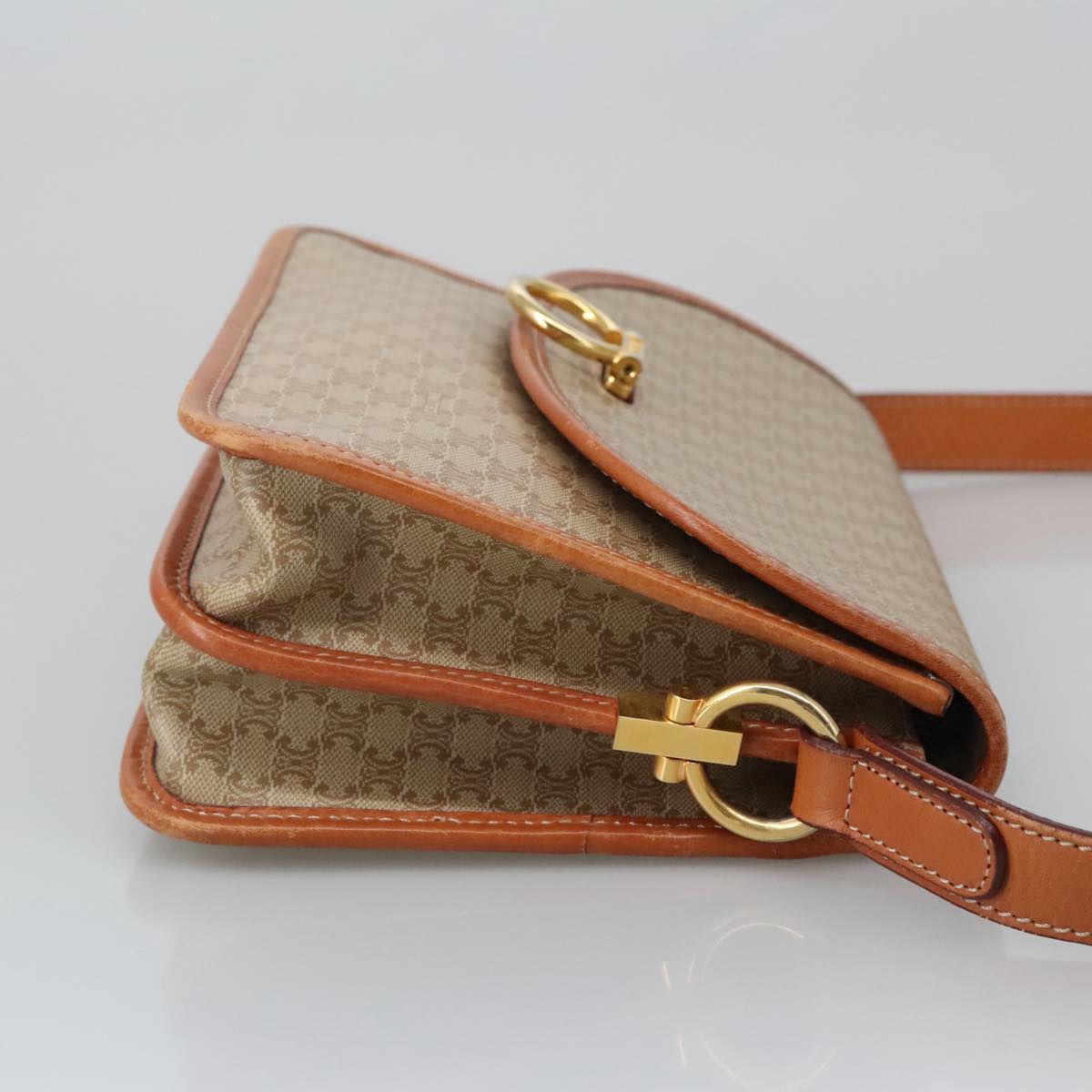 CELINE Macadam Canvas Shoulder Bag Beige Gold Auth yk15952