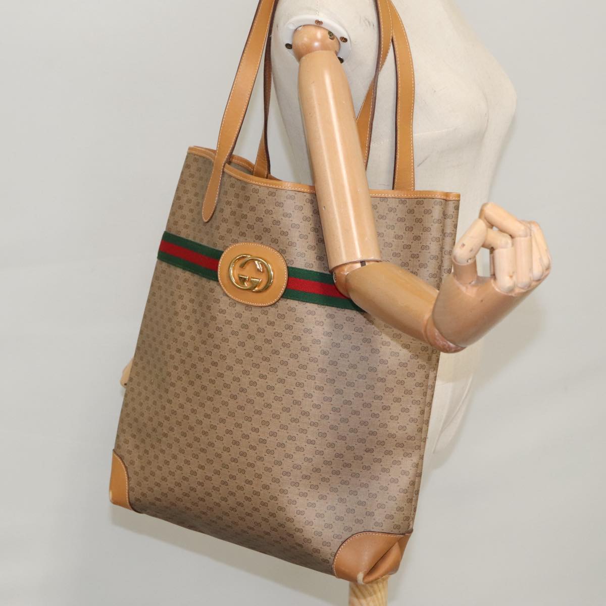 GUCCI Micro GG Canvas Web Sherry Line Tote Bag Beige Gold Auth yk15955