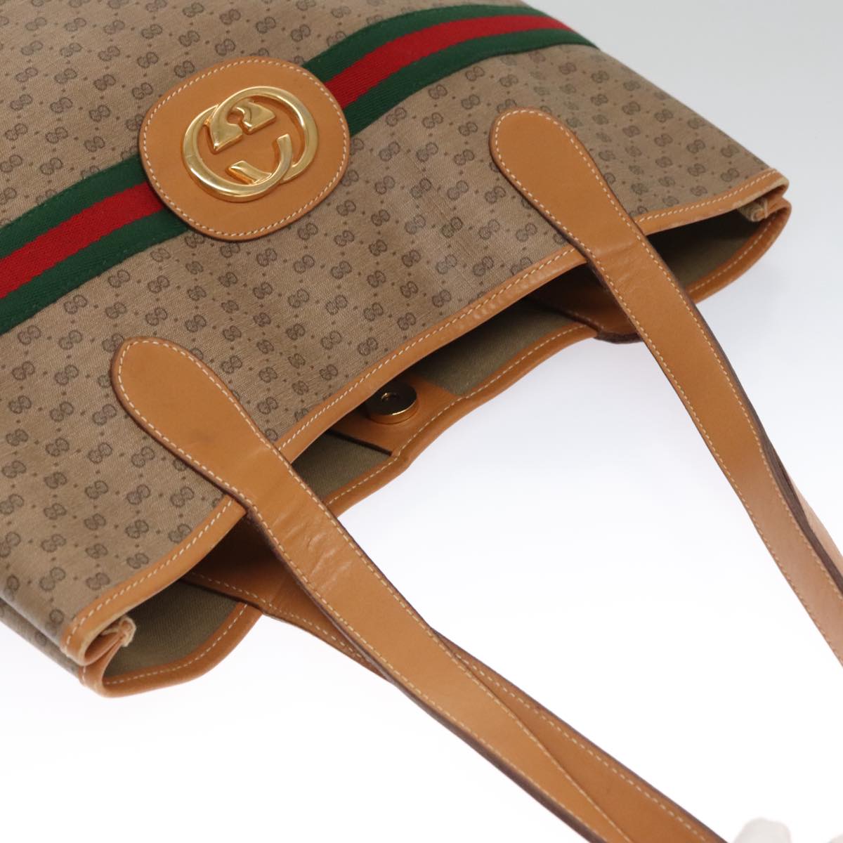 GUCCI Micro GG Canvas Web Sherry Line Tote Bag Beige Gold Auth yk15955