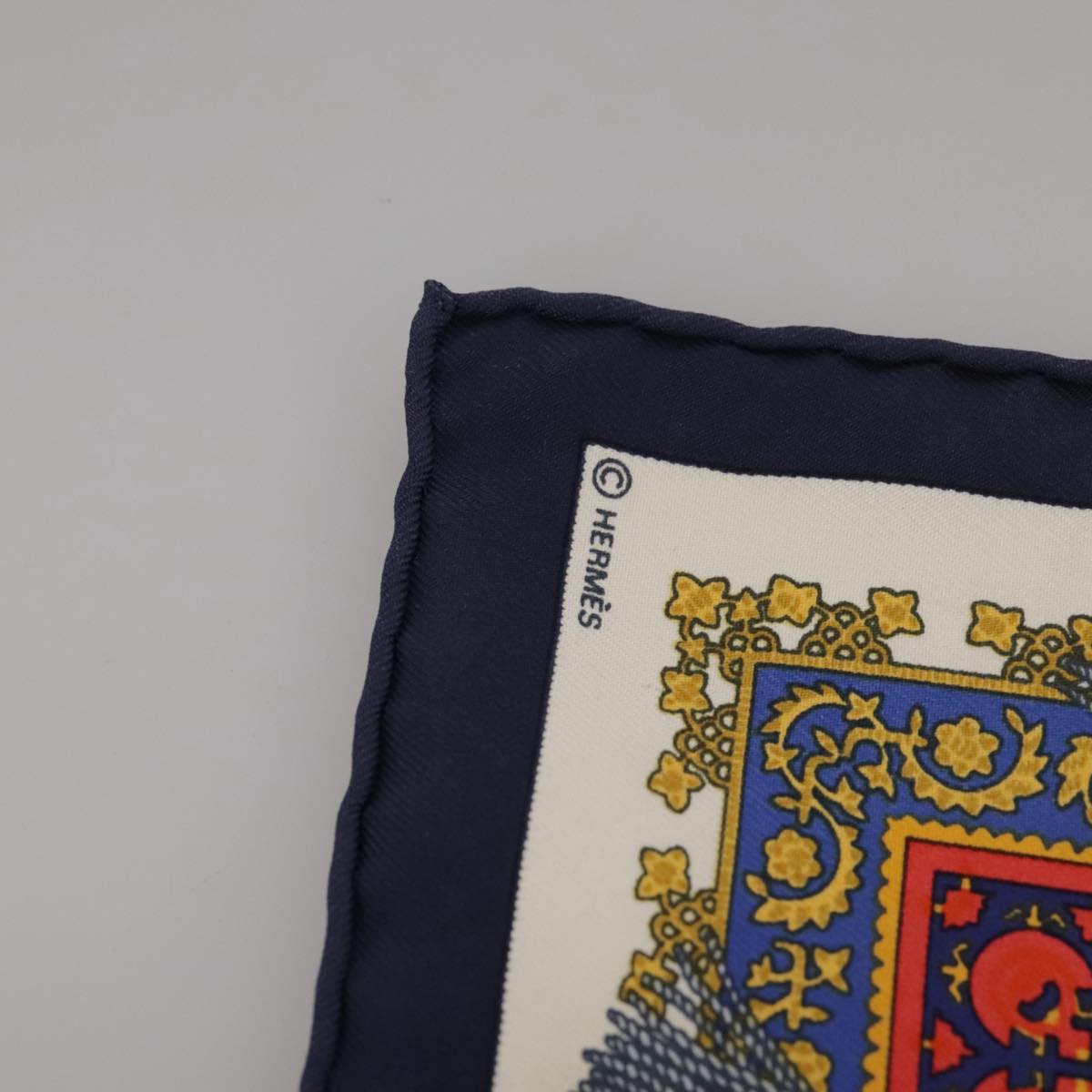 HERMES Petit curry Scarf ""Brins d’or"" Silk Blue Red Auth yk15959