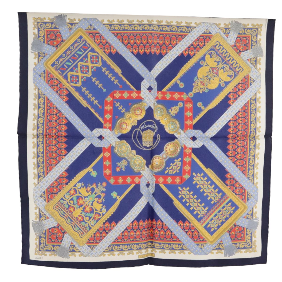 HERMES Petit curry Scarf ""Brins d’or"" Silk Blue Red Auth yk15959 - 0