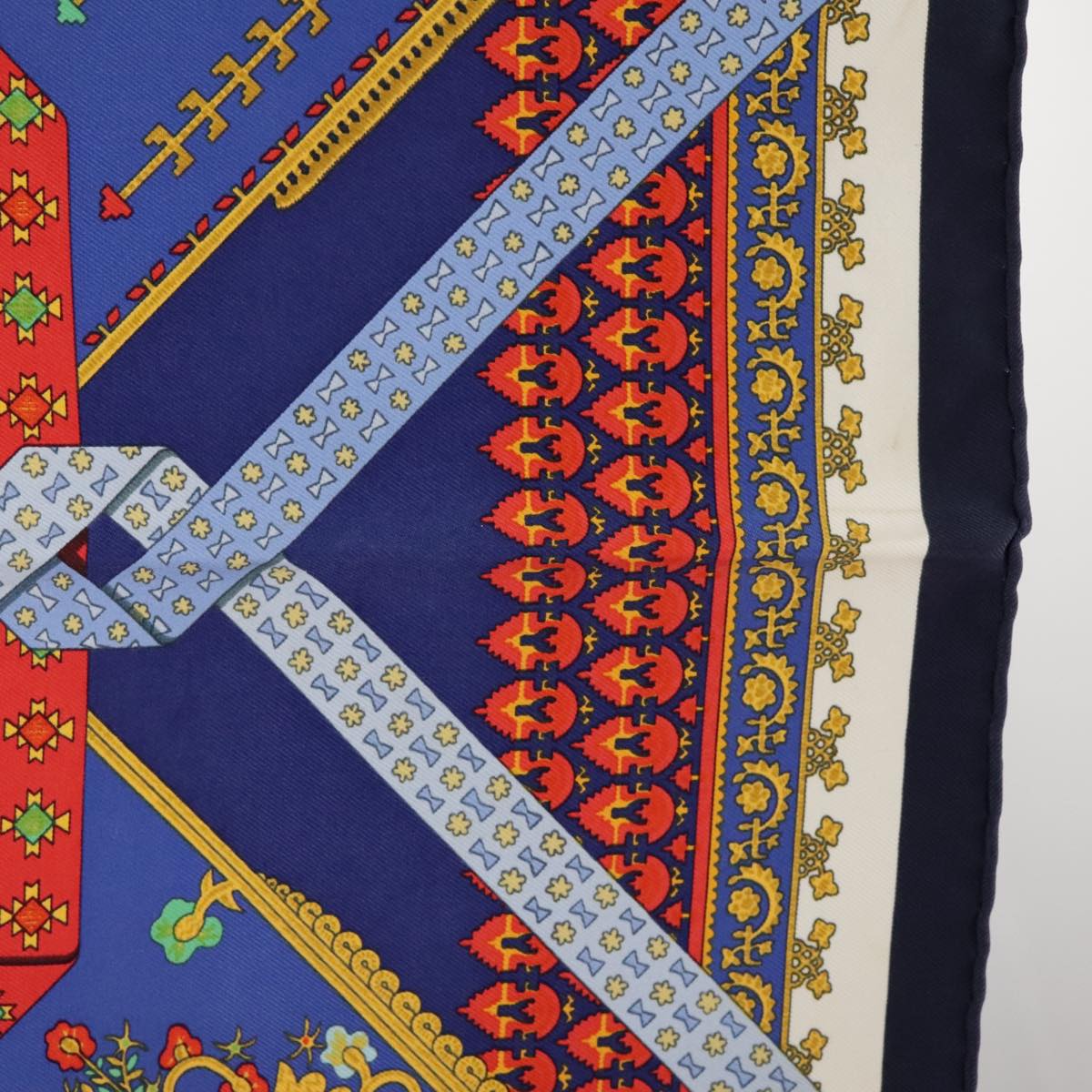 HERMES Petit curry Scarf ""Brins d’or"" Silk Blue Red Auth yk15959