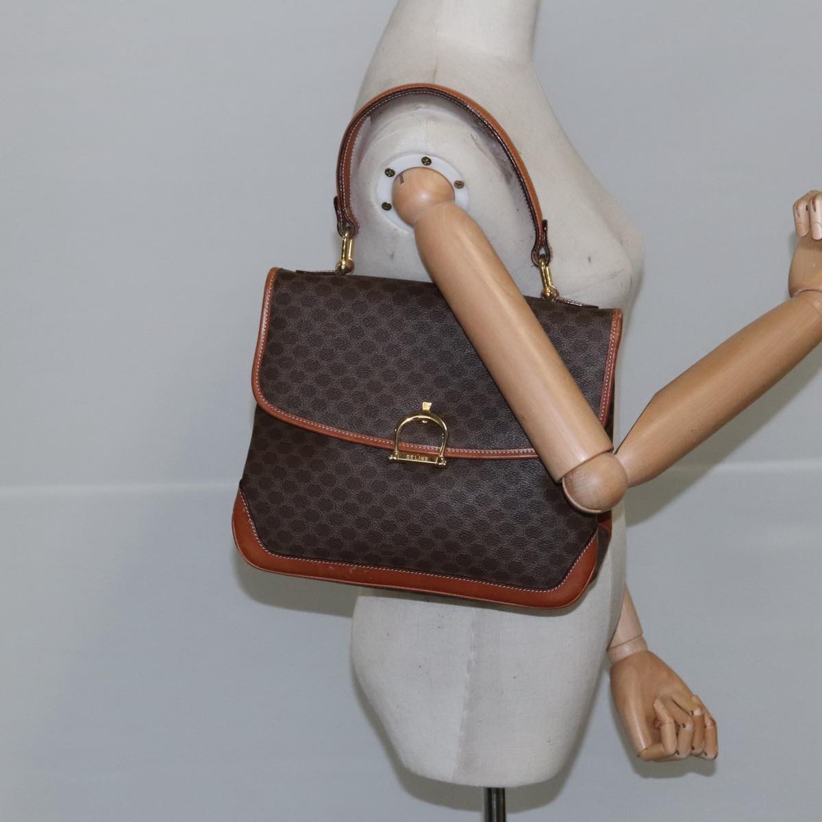 CELINE Macadam Canvas Hand Bag PVC Leather Brown Gold Auth yk15962