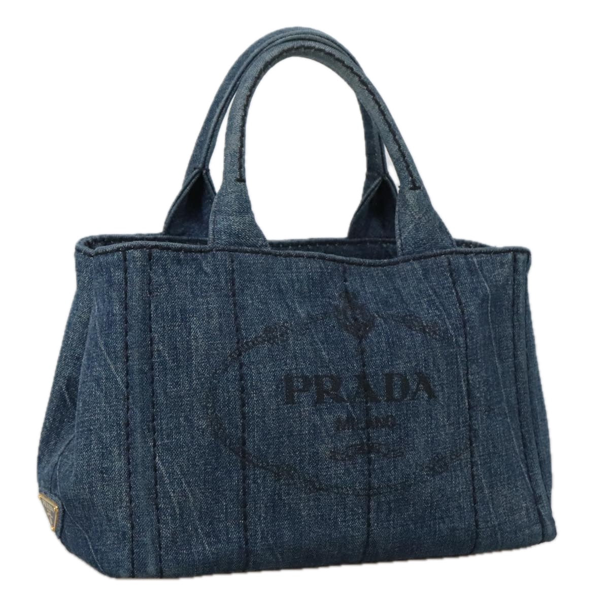 PRADA Canapa PM Hand Bag Denim Blue Gold Auth yk15972