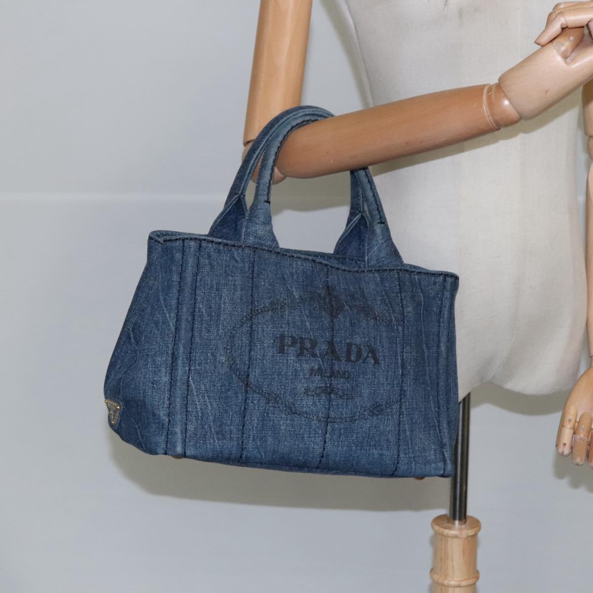 PRADA Canapa PM Hand Bag Denim Blue Gold Auth yk15972