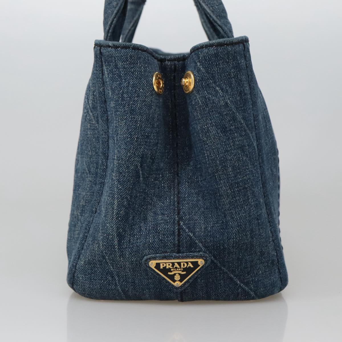 PRADA Canapa PM Hand Bag Denim Blue Gold Auth yk15972