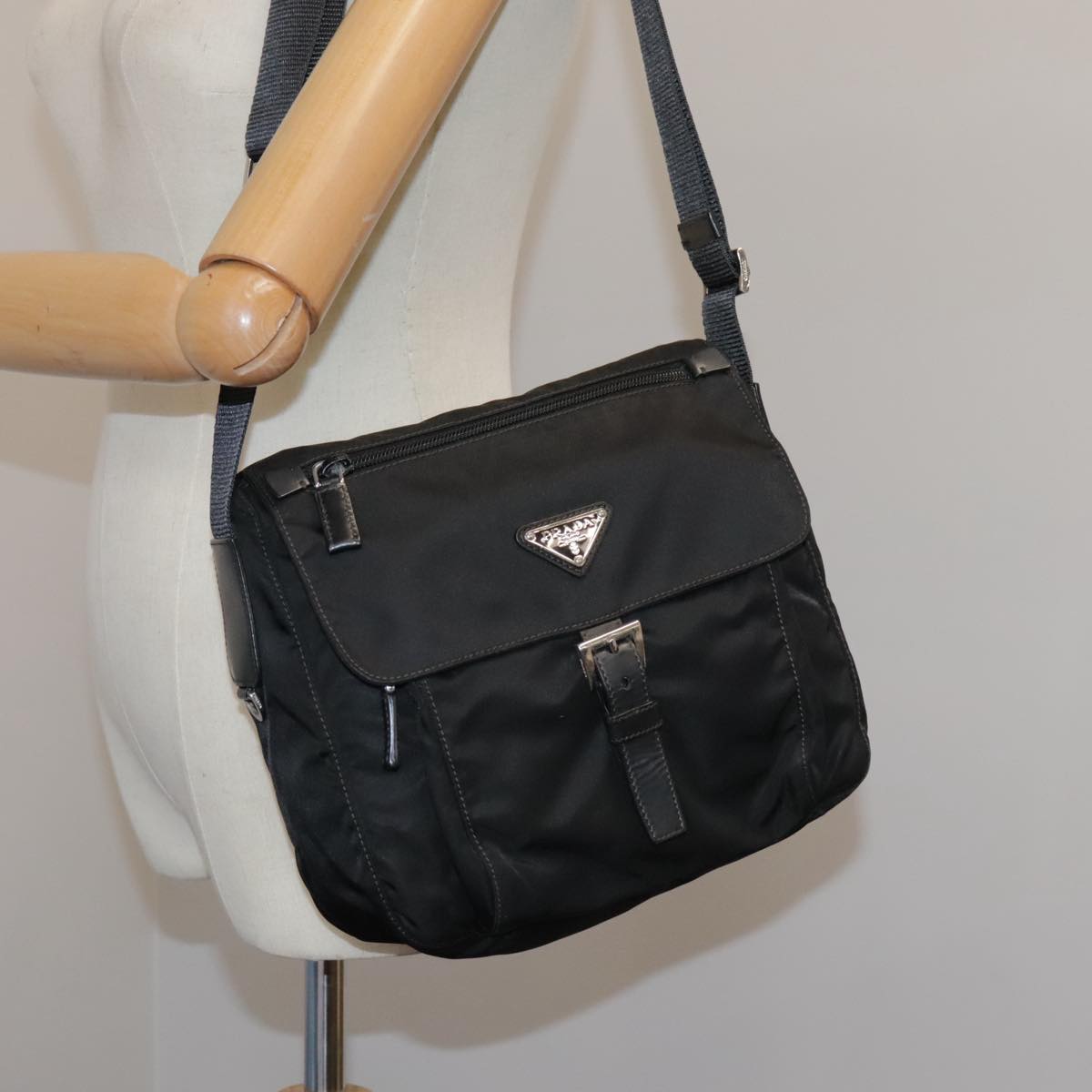 PRADA Shoulder Bag Nylon Black Silver Auth yk15982