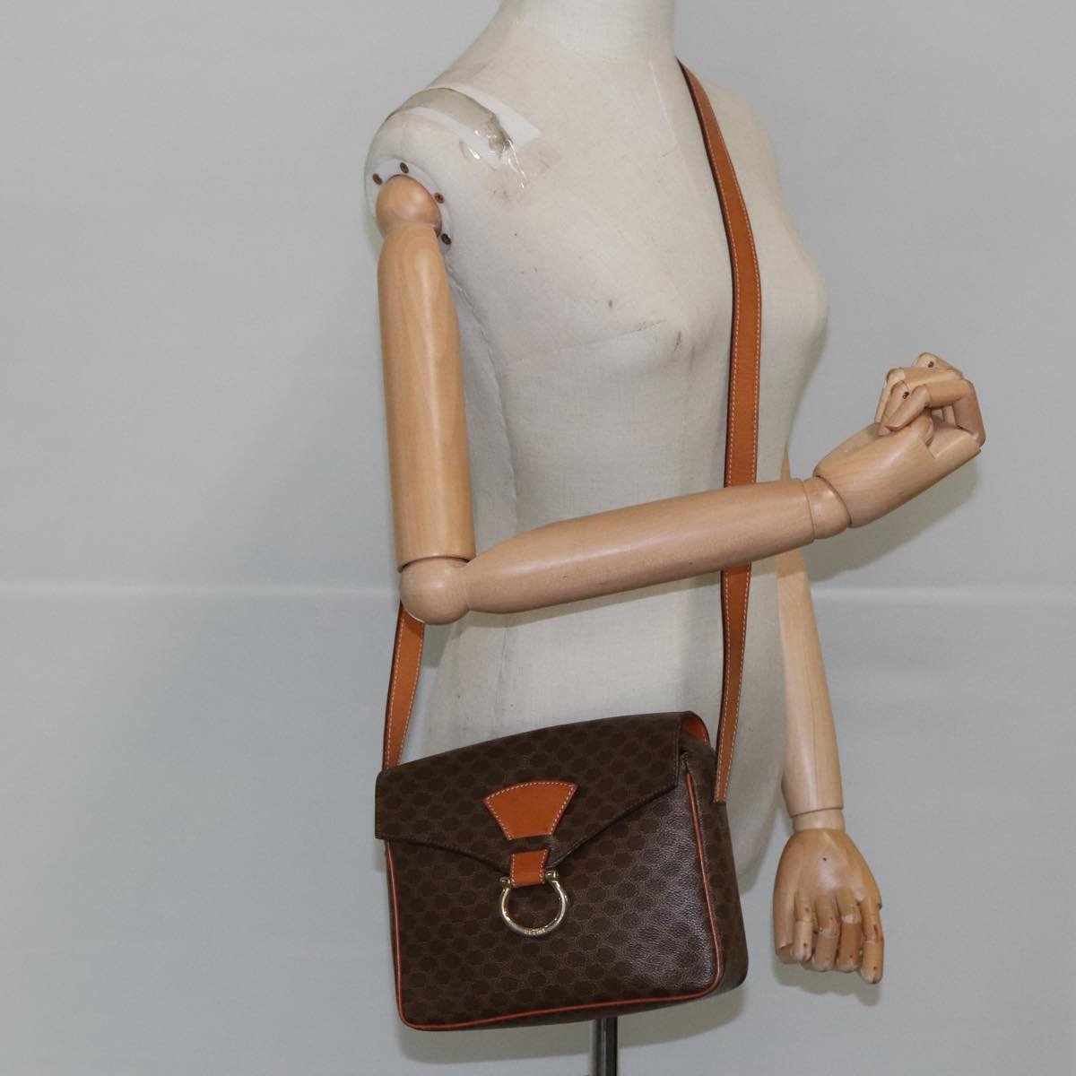 CELINE Macadam Canvas Shoulder Bag PVC Leather Brown Gold Auth yk15985