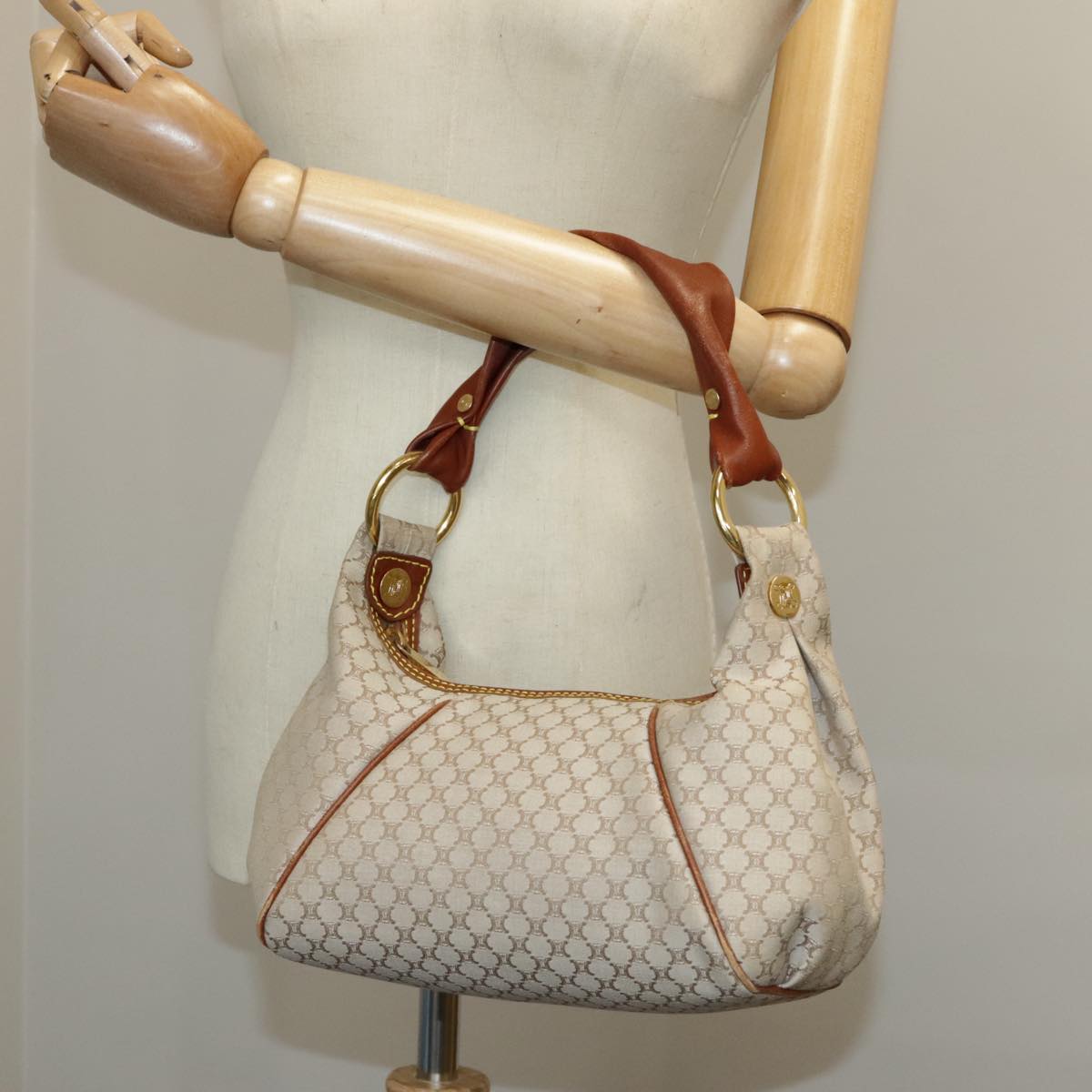 CELINE Macadam Canvas Hand Bag Beige Gold Auth yk16003