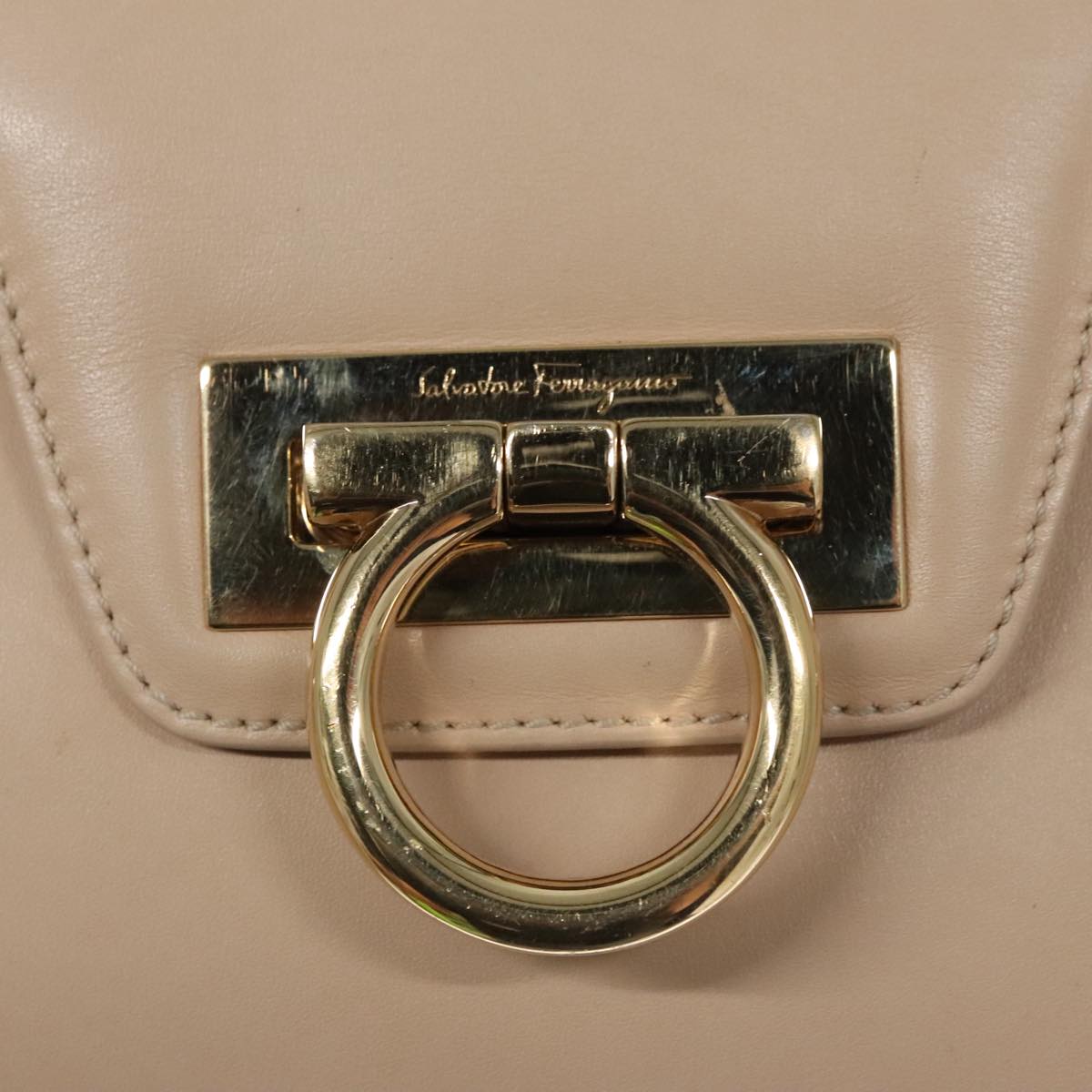 Salvatore Ferragamo Gancini Shoulder Bag Leather Beige Gold Auth yk16018