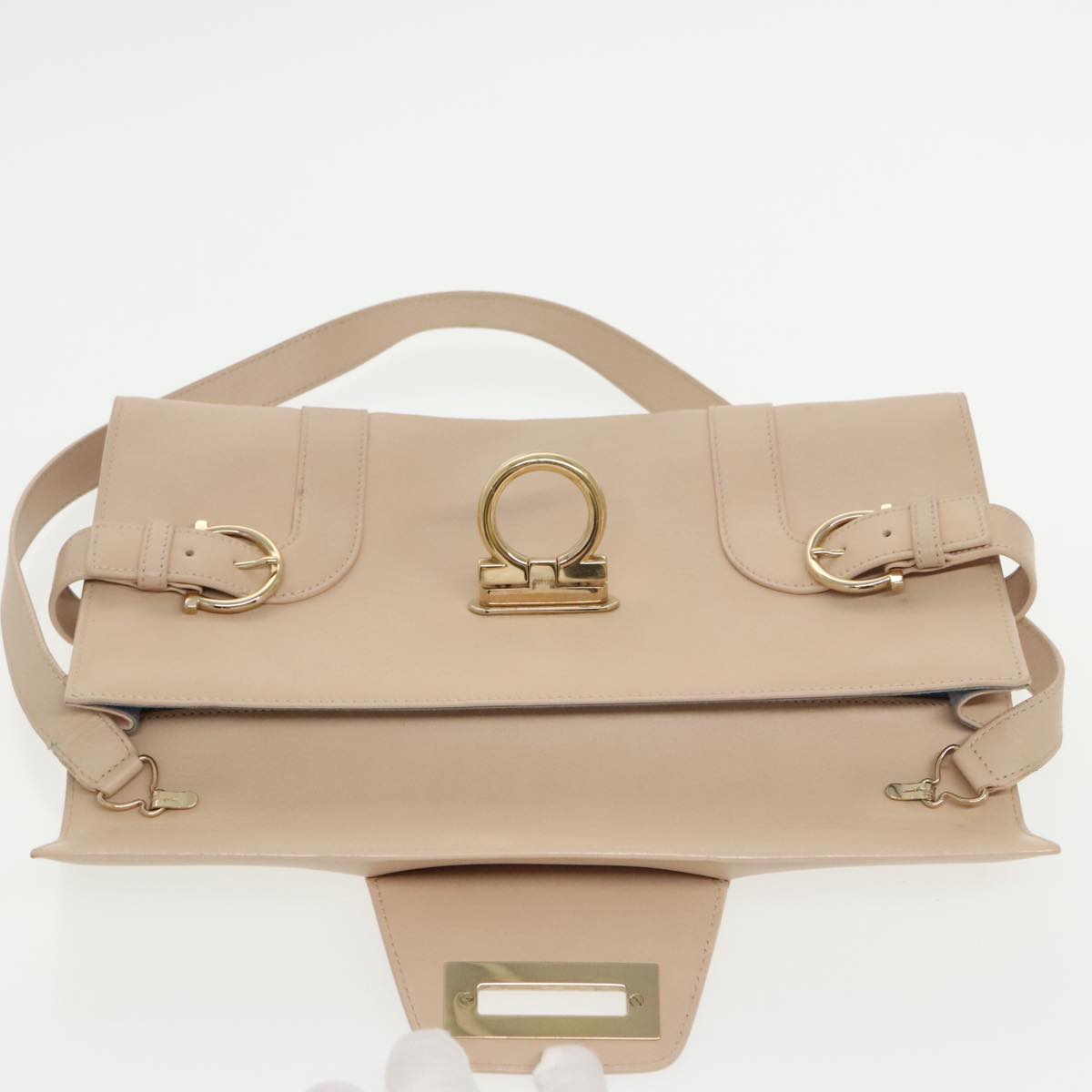 Salvatore Ferragamo Gancini Shoulder Bag Leather Beige Gold Auth yk16018