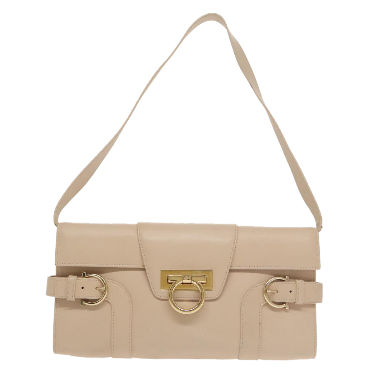 Salvatore Ferragamo Gancini Shoulder Bag Leather Beige Gold Auth yk16018 - 0