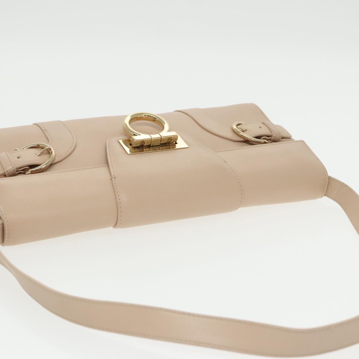 Salvatore Ferragamo Gancini Shoulder Bag Leather Beige Gold Auth yk16018