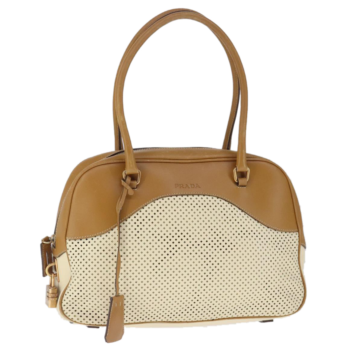 PRADA Hand Bag Leather Beige Gold Auth yk16023