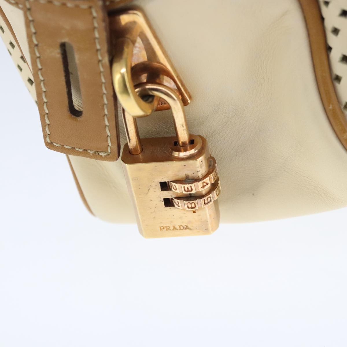 PRADA Hand Bag Leather Beige Gold Auth yk16023