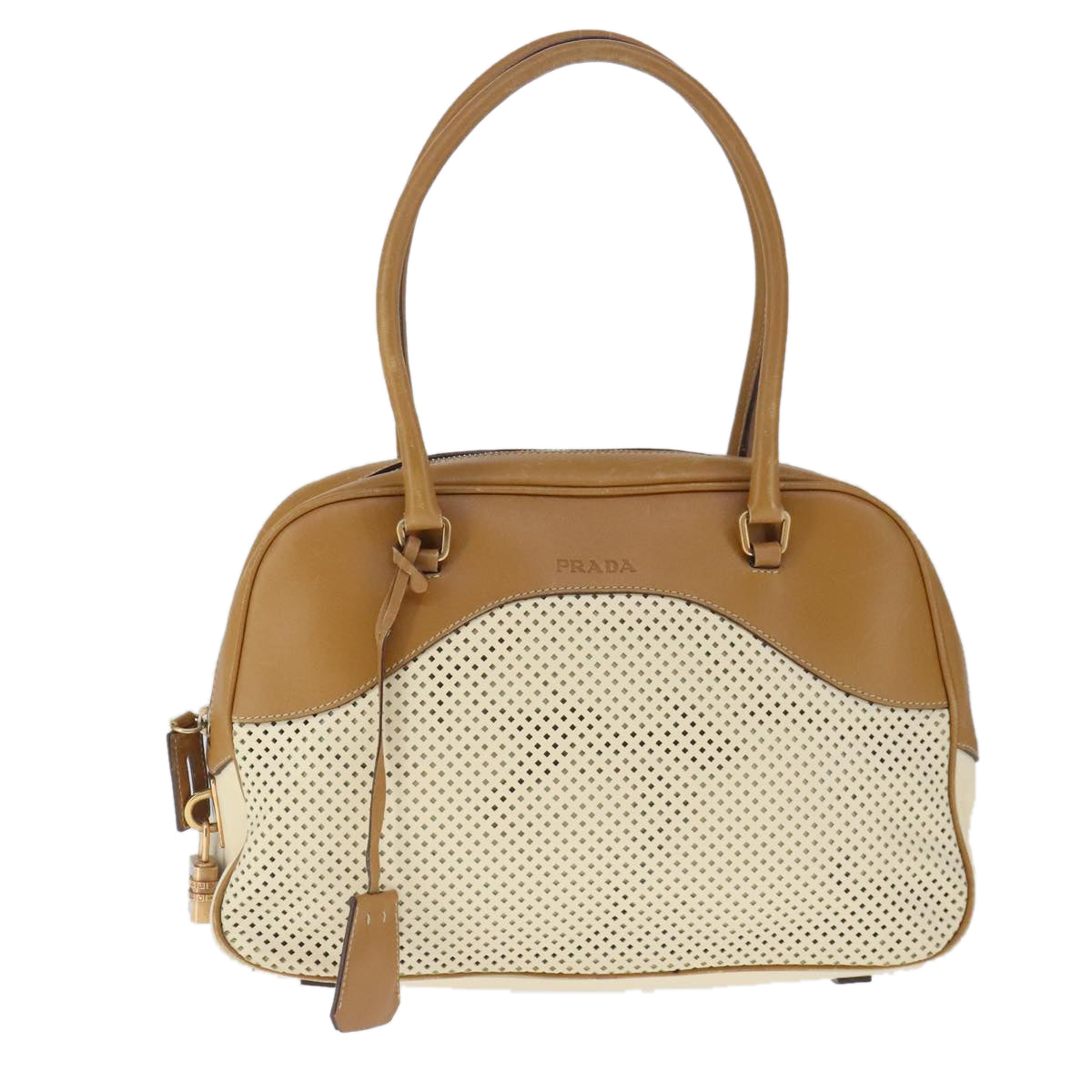 PRADA Hand Bag Leather Beige Gold Auth yk16023