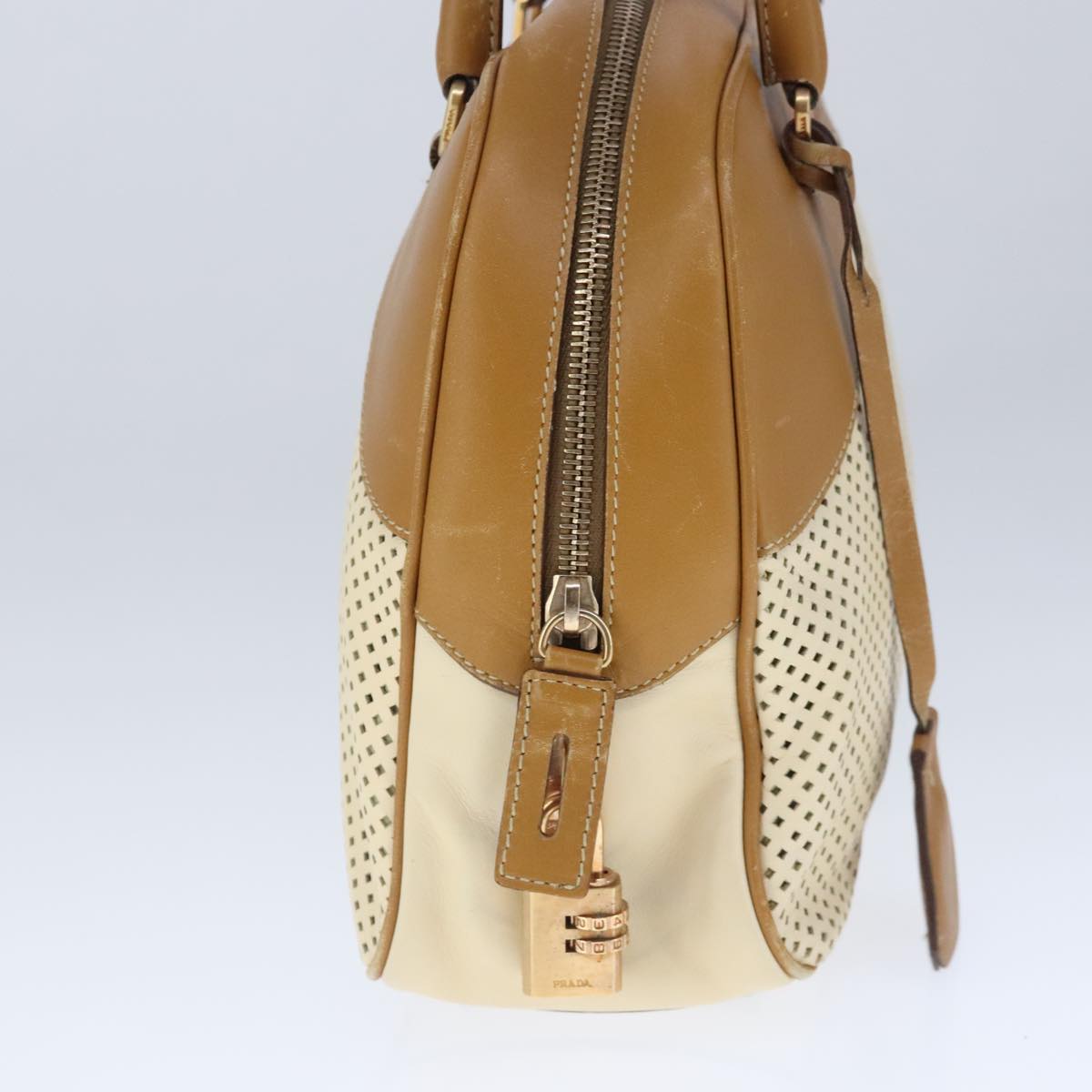 PRADA Hand Bag Leather Beige Gold Auth yk16023