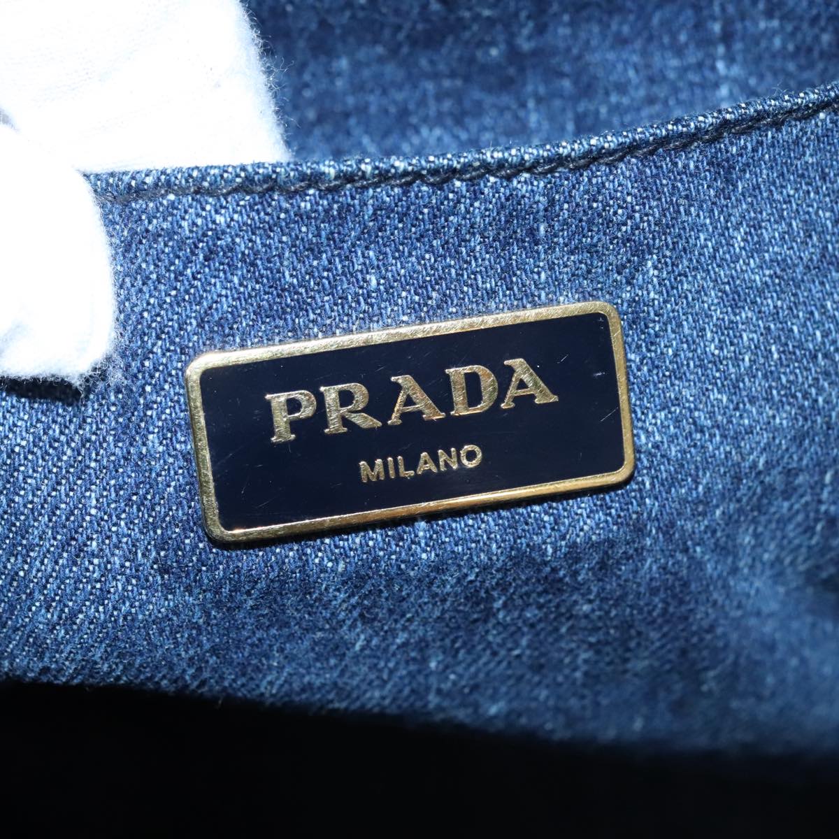 PRADA Canapa MM Hand Bag Denim 2way Blue Gold Auth yk16049