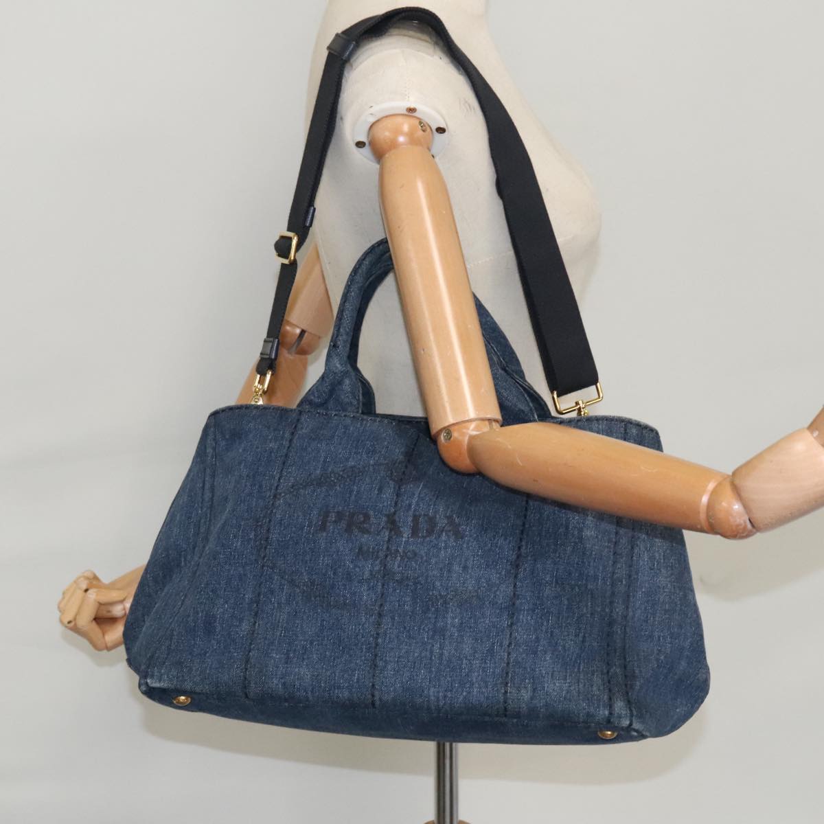 PRADA Canapa MM Hand Bag Denim 2way Blue Gold Auth yk16049