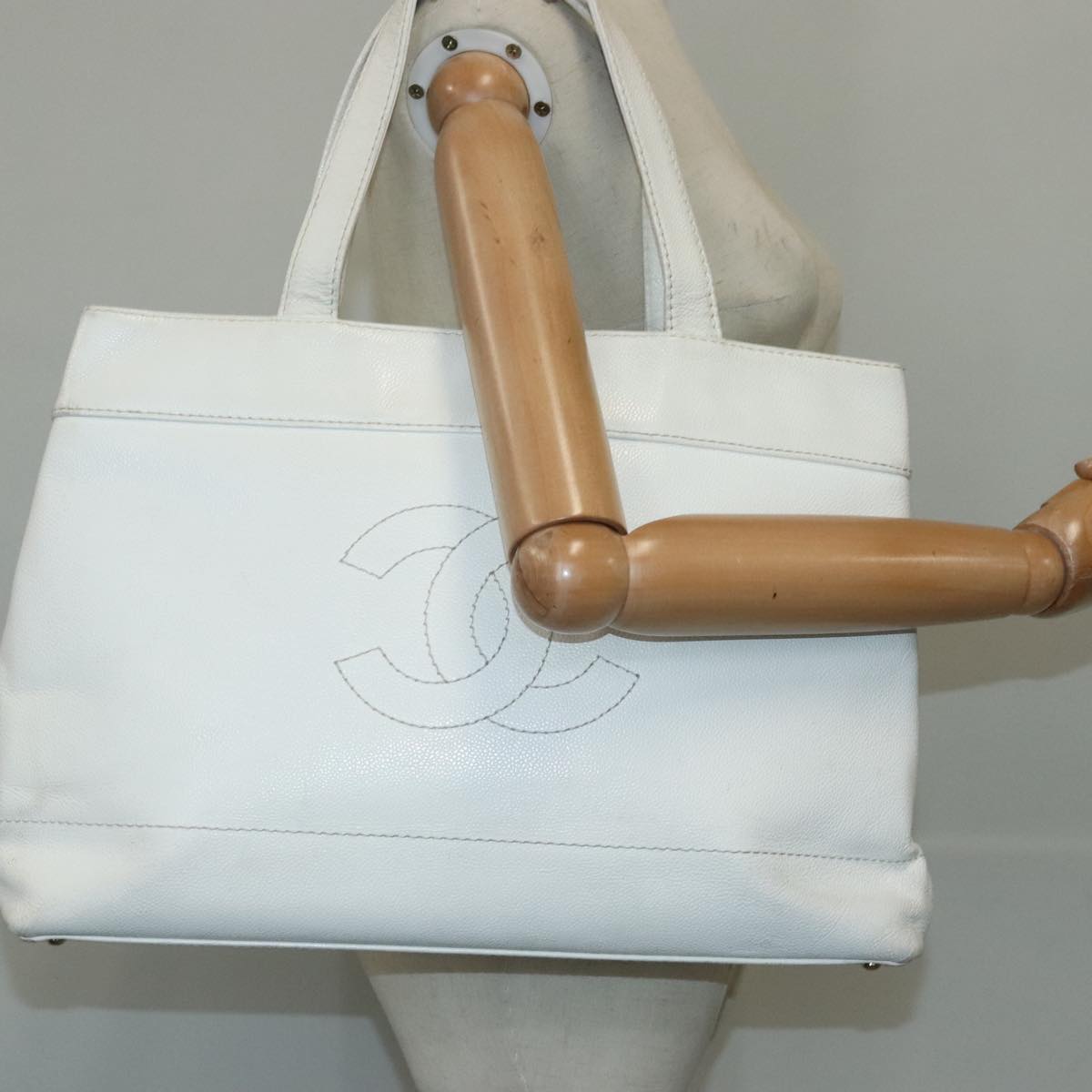 CHANEL COCO Mark Tote Bag Caviar Skin White CC Auth yk16094