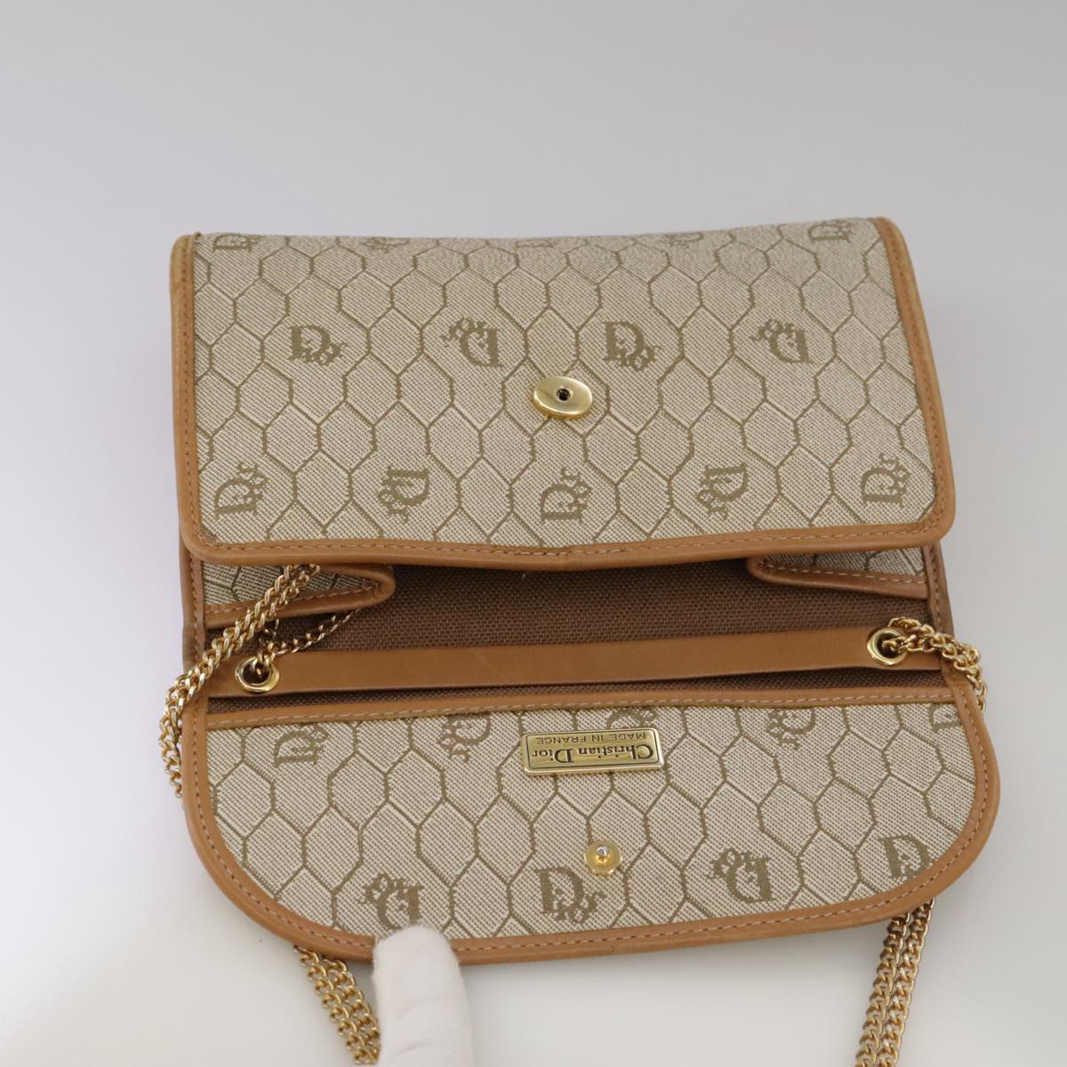 Christian Dior Honeycomb Canvas Chain Shoulder Bag Beige Gold Auth yk16096