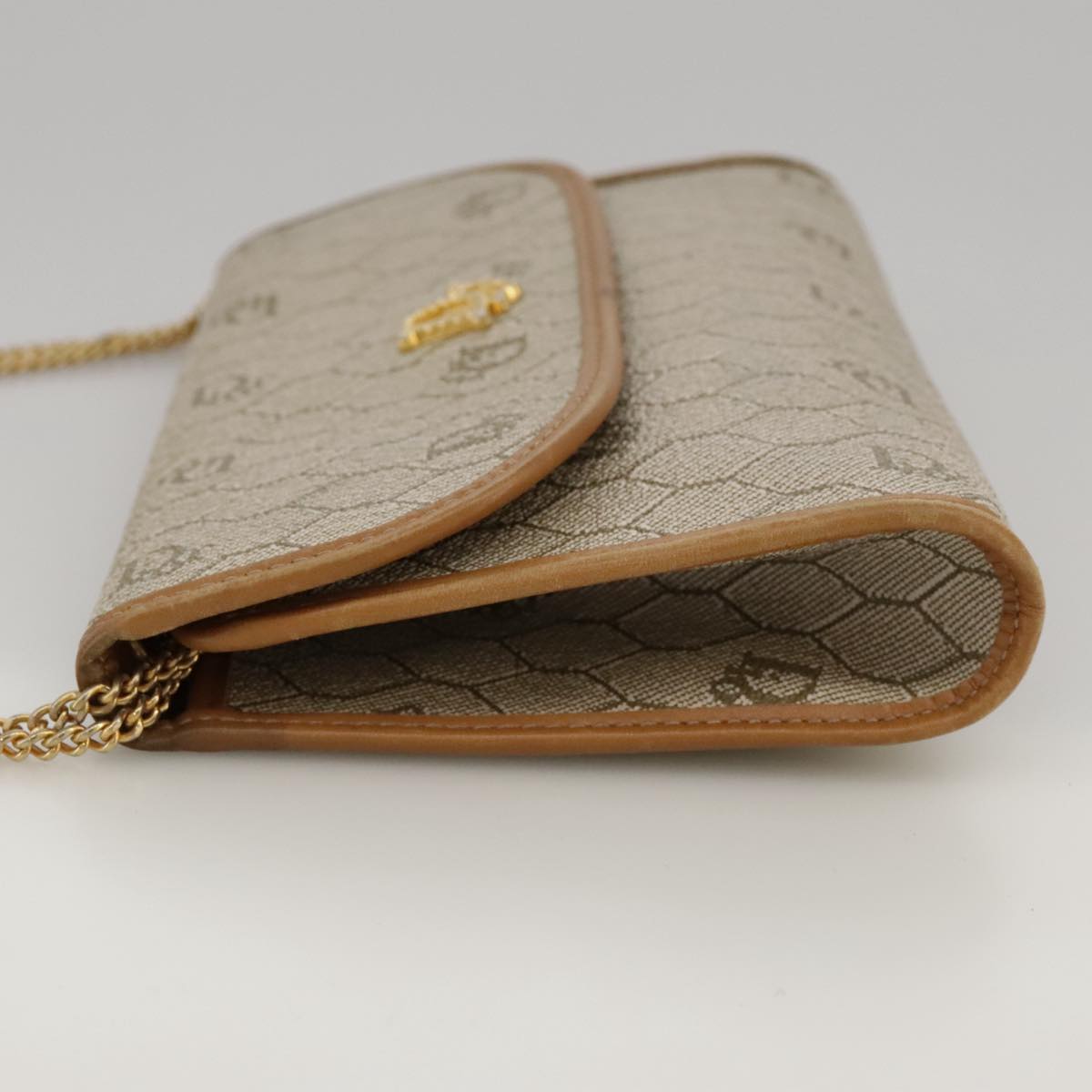 Christian Dior Honeycomb Canvas Chain Shoulder Bag Beige Gold Auth yk16096