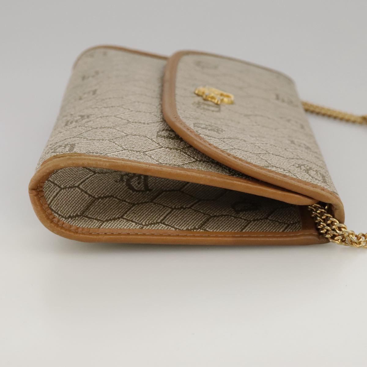 Christian Dior Honeycomb Canvas Chain Shoulder Bag Beige Gold Auth yk16096