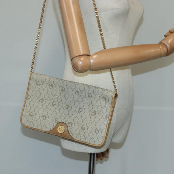 Christian Dior Honeycomb Canvas Chain Shoulder Bag PVC Beige Gold Auth yk16112