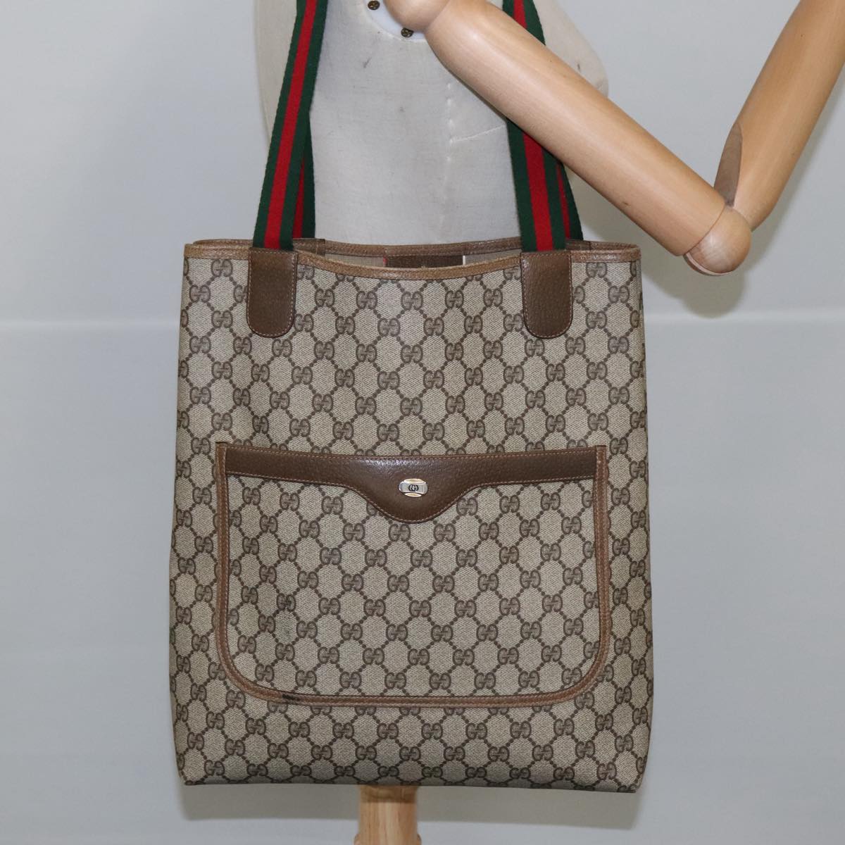 GUCCI GG Supreme Web Sherry Line Tote Bag PVC Beige Green 39 02 003 Auth yk16120