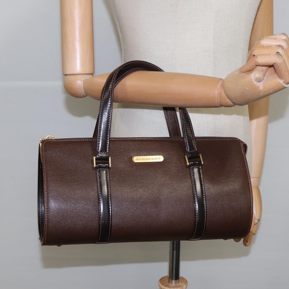 BURBERRY Hand Bag Leather Brown Gold Auth yk16155