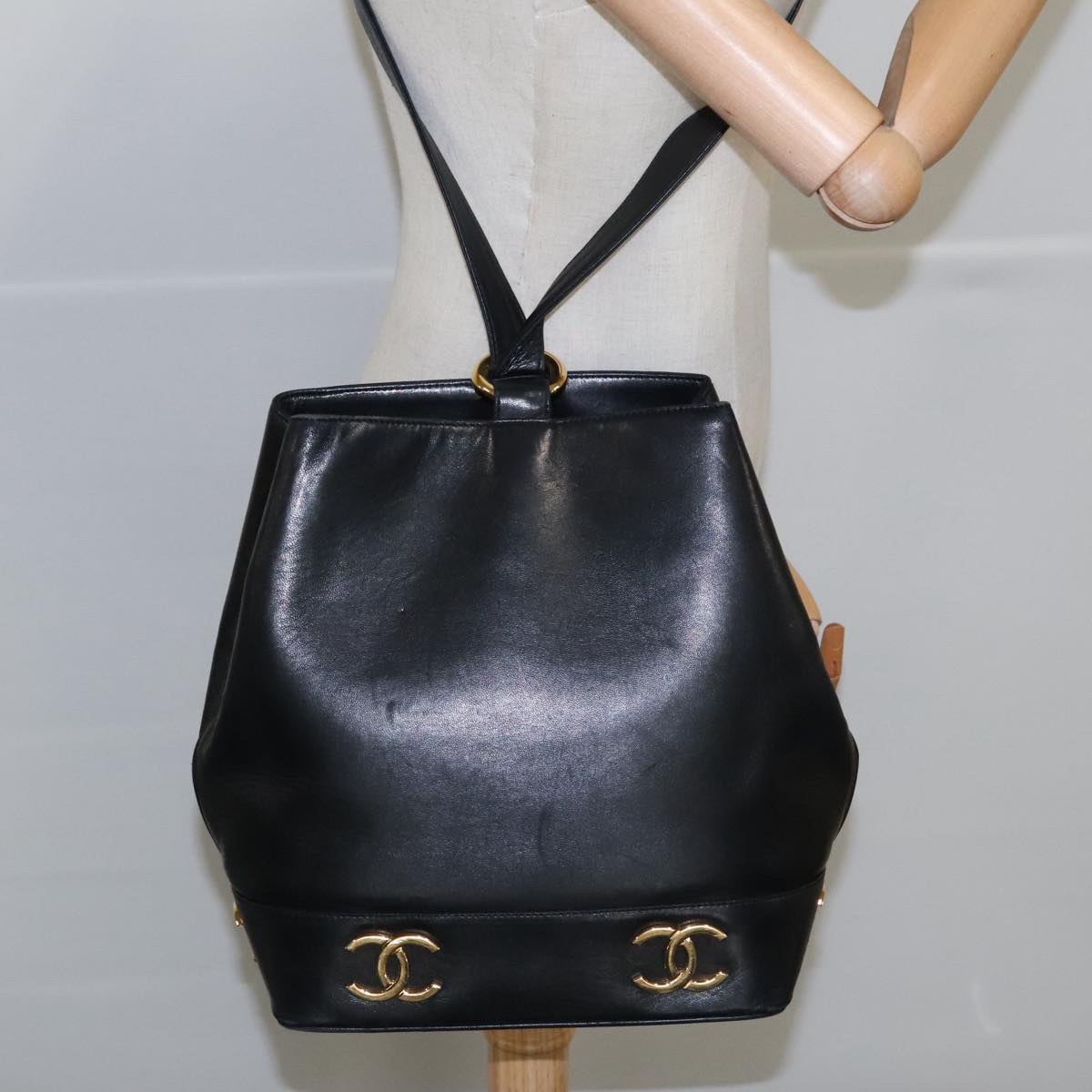 CHANEL COCO Mark Shoulder Bag Lamb Skin Black Gold CC Auth yk16179